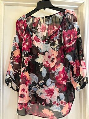 ALYX Black Sheer V-Neck Blouse with Pink and Red Floral Print